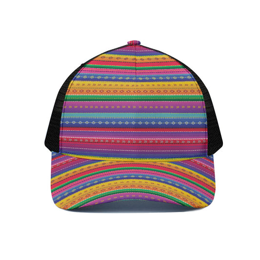 Colorful Mexican Serape Pattern Print Black Mesh Trucker Cap