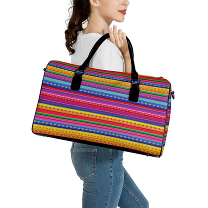 Colorful Mexican Serape Pattern Print Leather Duffle Bag