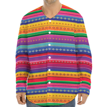 Colorful Mexican Serape Pattern Print Long Sleeve Baseball Jersey