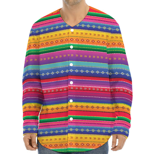 Colorful Mexican Serape Pattern Print Long Sleeve Baseball Jersey