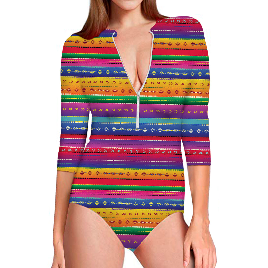 Colorful Mexican Serape Pattern Print Long Sleeve Swimsuit