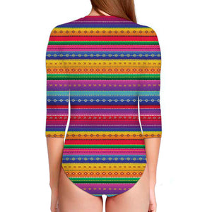 Colorful Mexican Serape Pattern Print Long Sleeve Swimsuit