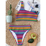 Colorful Mexican Serape Pattern Print One Shoulder Bikini Top