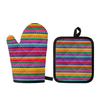 Colorful Mexican Serape Pattern Print Oven Mitt And Pot Holder Set