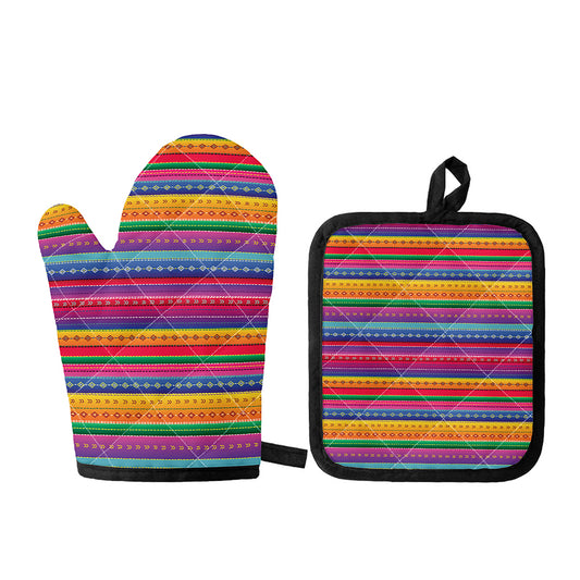 Colorful Mexican Serape Pattern Print Oven Mitt And Pot Holder Set