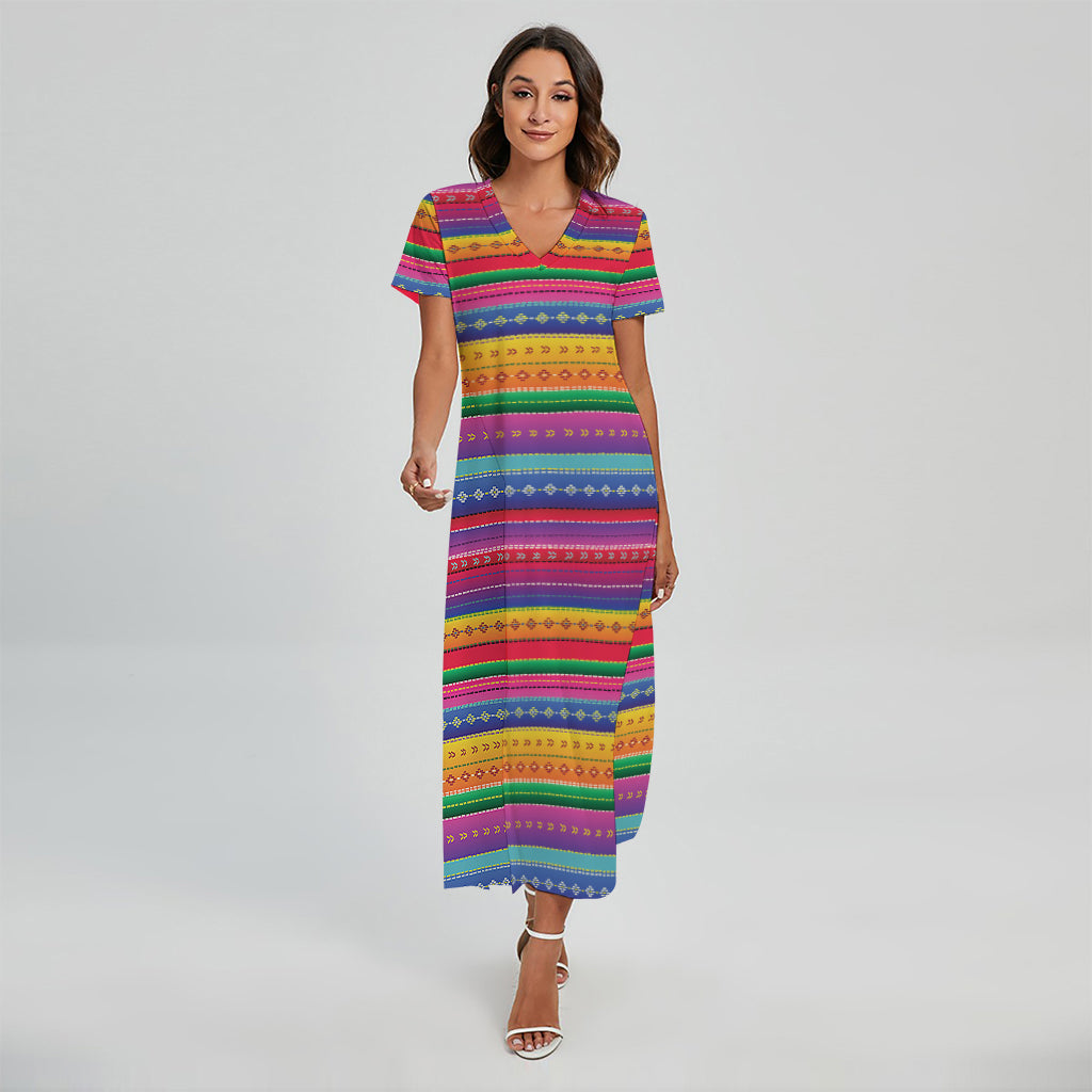 Colorful Mexican Serape Pattern Print Short Sleeve Maxi Dress