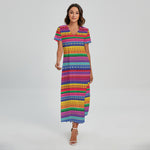Colorful Mexican Serape Pattern Print Short Sleeve Maxi Dress