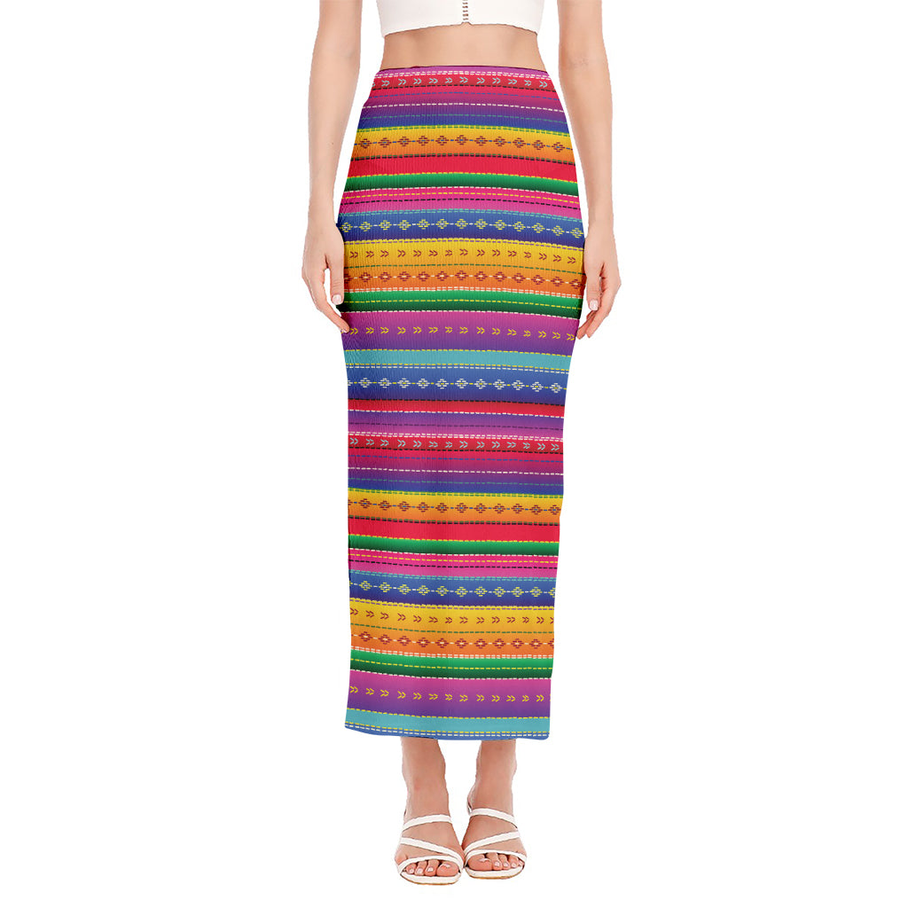 Colorful Mexican Serape Pattern Print Side Slit Maxi Skirt
