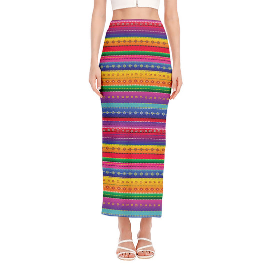 Colorful Mexican Serape Pattern Print Side Slit Maxi Skirt