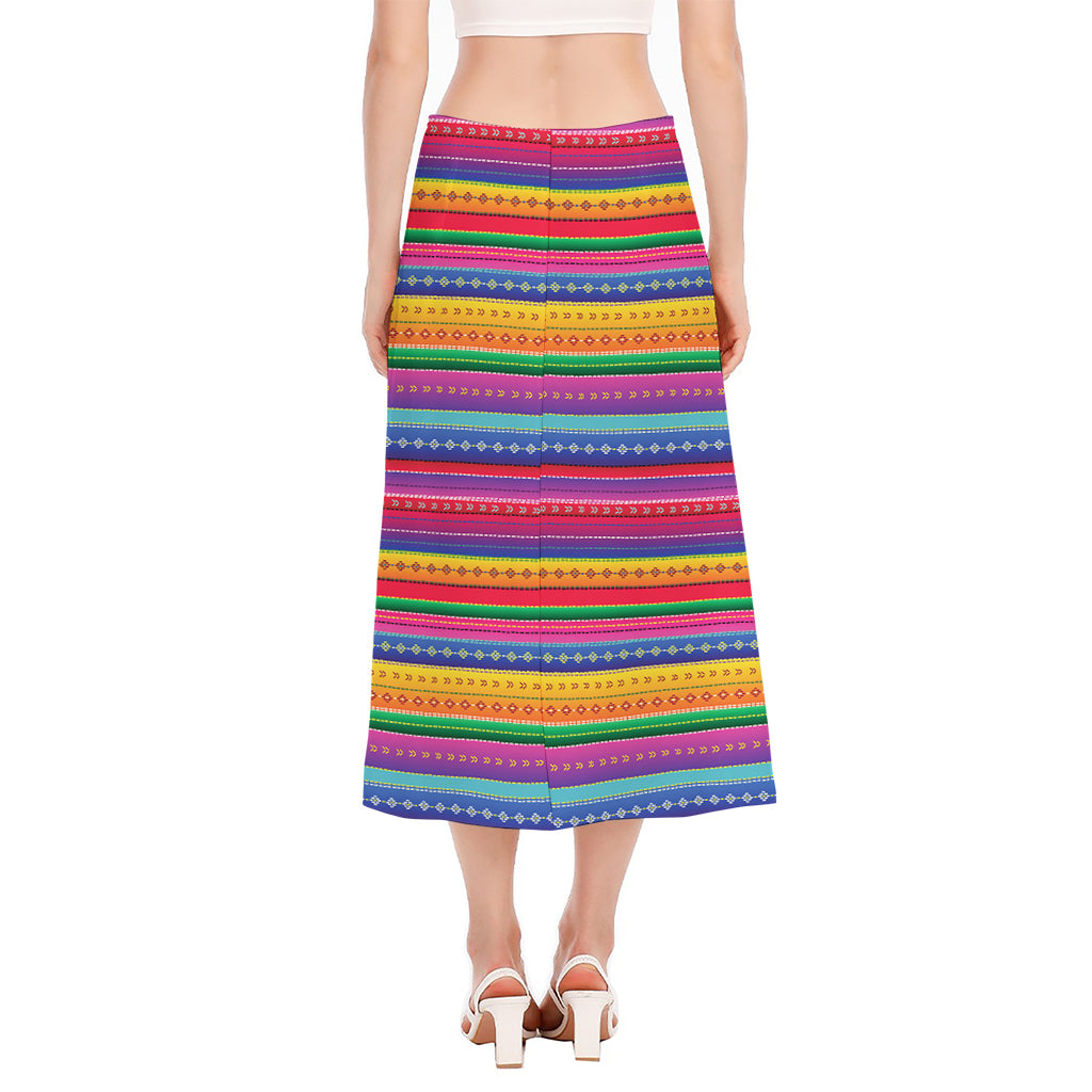 Colorful Mexican Serape Pattern Print Side Slit Midi Skirt