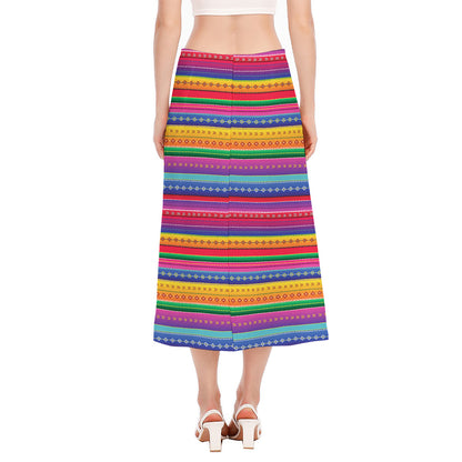 Colorful Mexican Serape Pattern Print Side Slit Midi Skirt