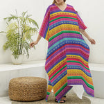Colorful Mexican Serape Pattern Print Silk V-Neck Kaftan Dress