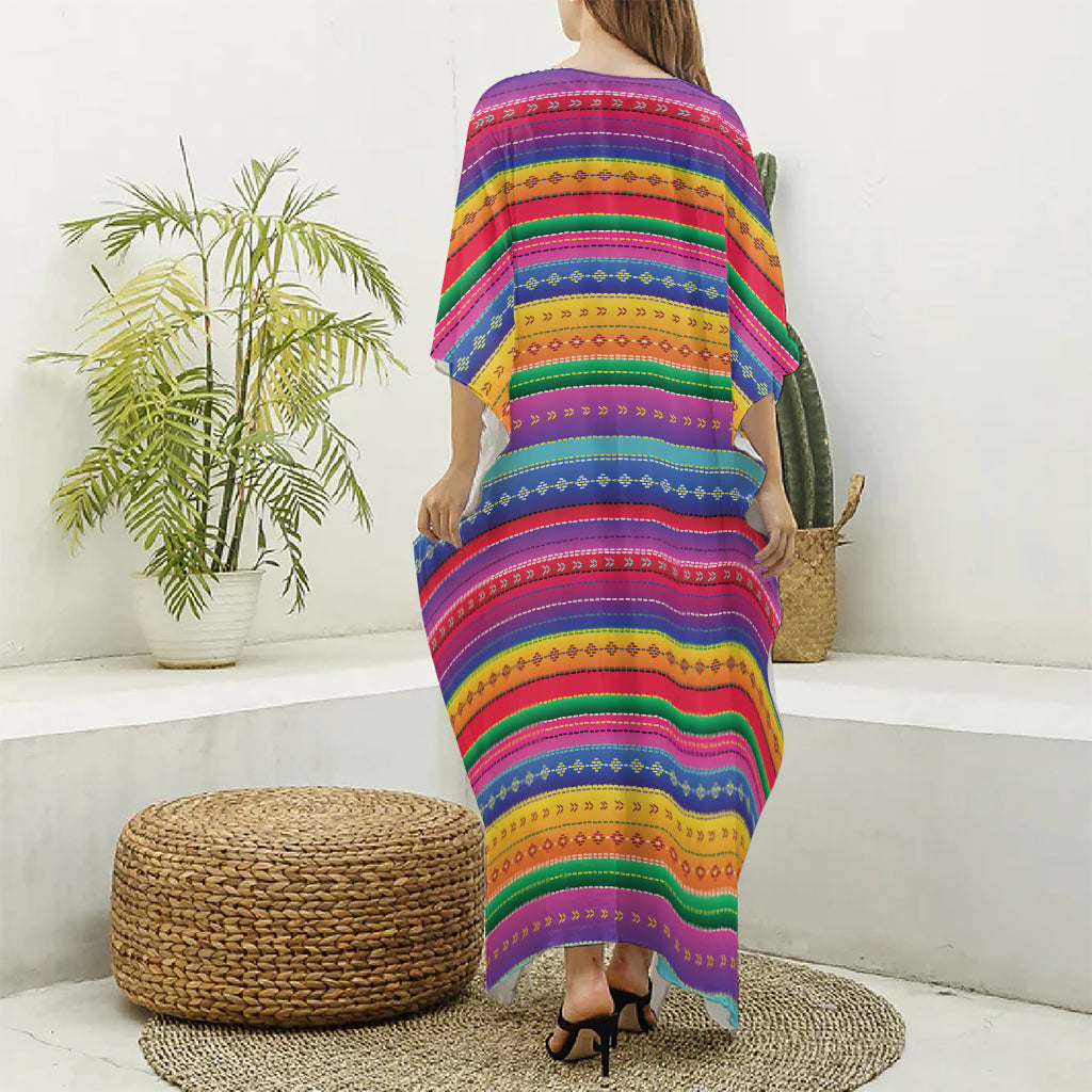 Colorful Mexican Serape Pattern Print Silk V-Neck Kaftan Dress
