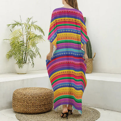 Colorful Mexican Serape Pattern Print Silk V-Neck Kaftan Dress
