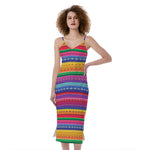 Colorful Mexican Serape Pattern Print Slim Fit Midi Cami Dress