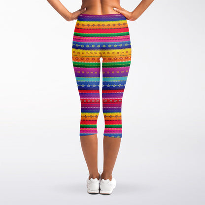 Colorful Mexican Serape Pattern Print Women's Capri Leggings