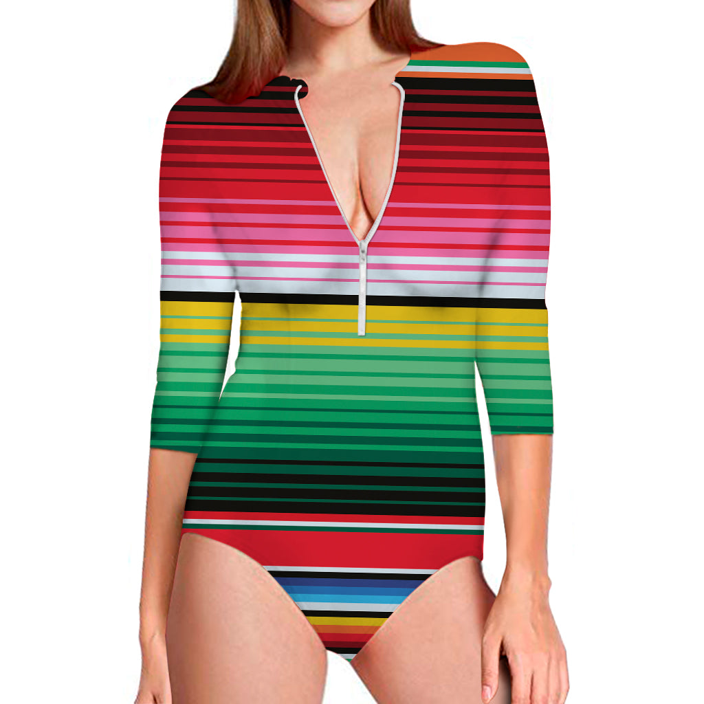 Colorful Mexican Serape Stripe Print Long Sleeve Swimsuit