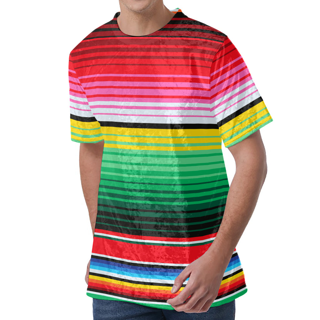 Colorful Mexican Serape Stripe Print Men's Velvet T-Shirt