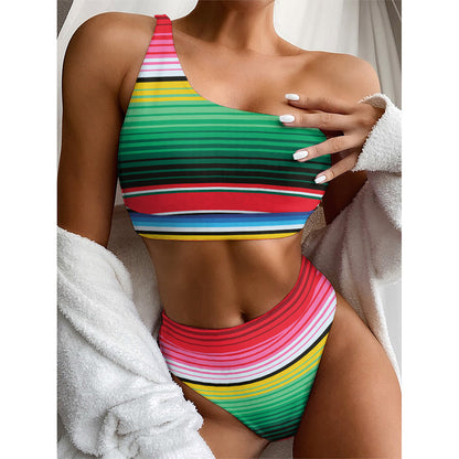 Colorful Mexican Serape Stripe Print One Shoulder Bikini Top