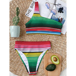Colorful Mexican Serape Stripe Print One Shoulder Bikini Top