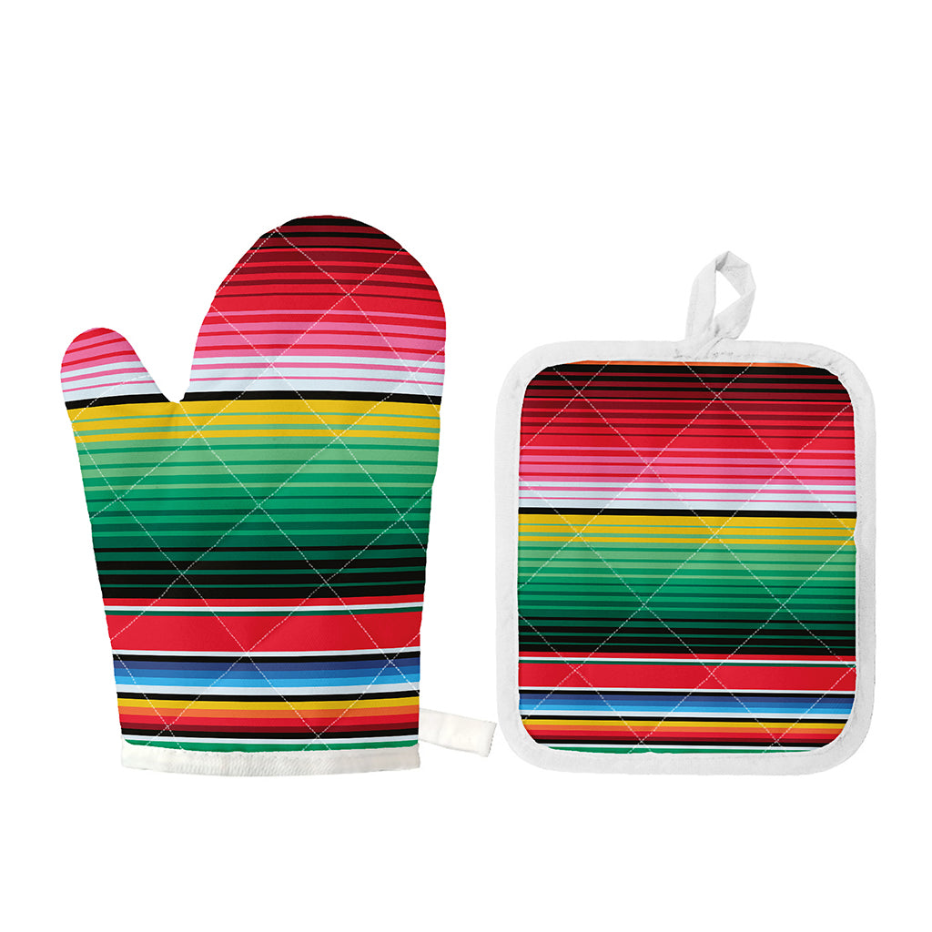 Colorful Mexican Serape Stripe Print Oven Mitt And Pot Holder Set
