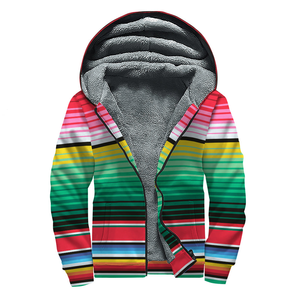 Colorful Mexican Serape Stripe Print Sherpa Lined Zip Up Hoodie