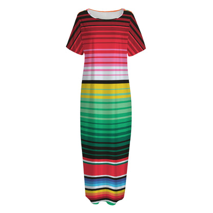 Colorful Mexican Serape Stripe Print Short Sleeve Long Nightdress