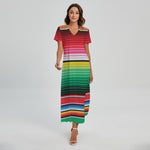 Colorful Mexican Serape Stripe Print Short Sleeve Maxi Dress