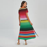 Colorful Mexican Serape Stripe Print Short Sleeve Maxi Dress