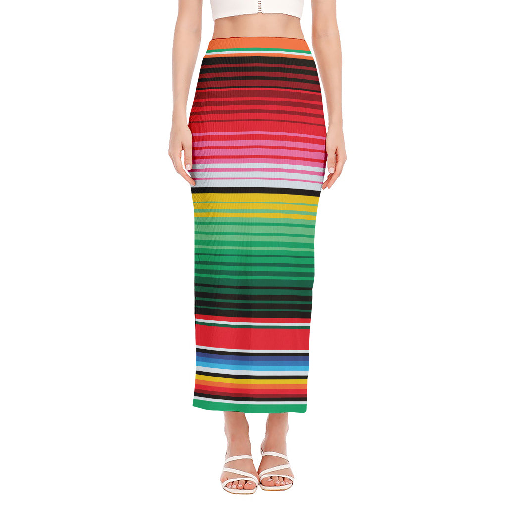 Colorful Mexican Serape Stripe Print Side Slit Maxi Skirt