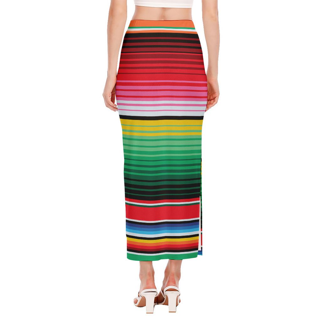 Colorful Mexican Serape Stripe Print Side Slit Maxi Skirt