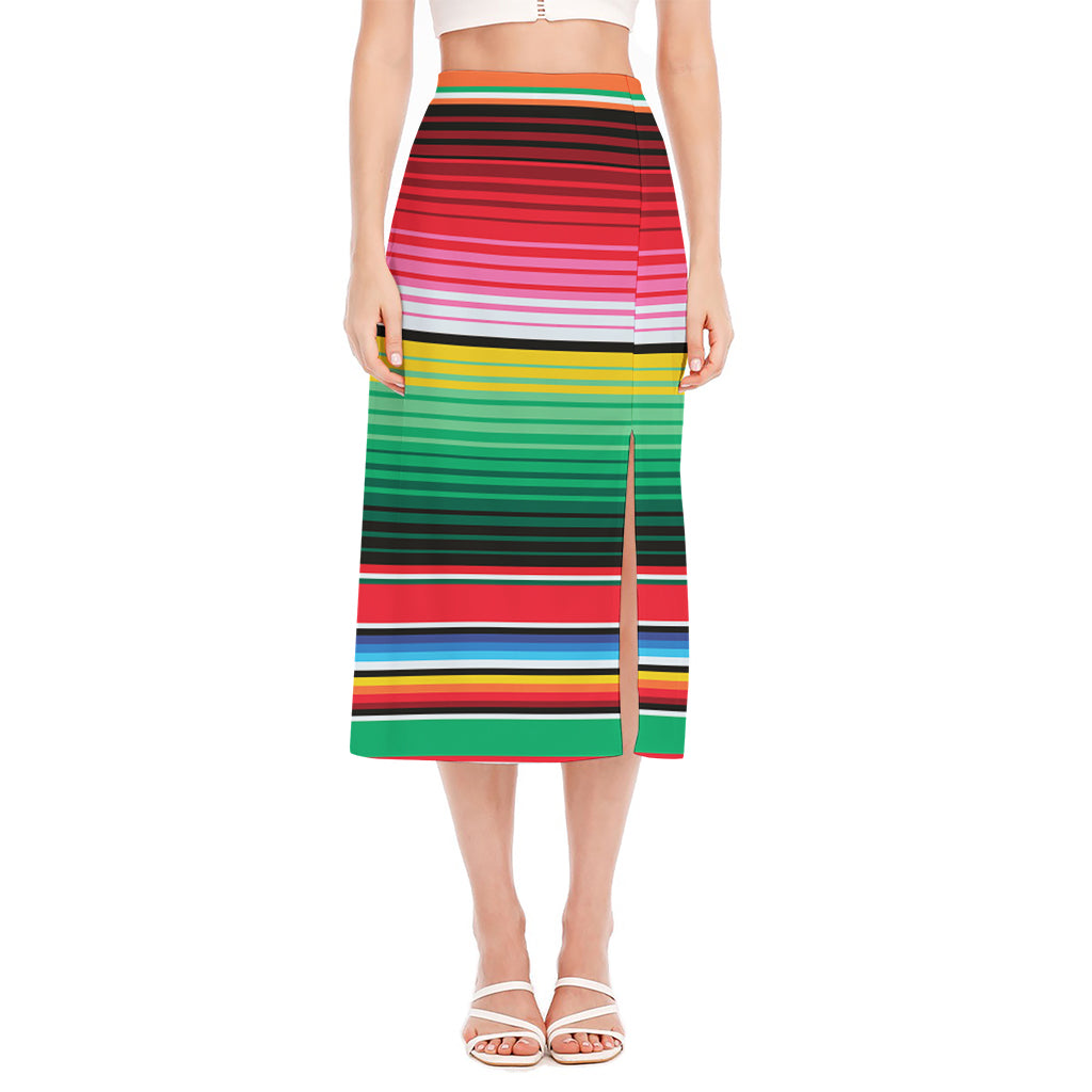 Colorful Mexican Serape Stripe Print Side Slit Midi Skirt