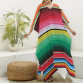 Colorful Mexican Serape Stripe Print Silk V-Neck Kaftan Dress