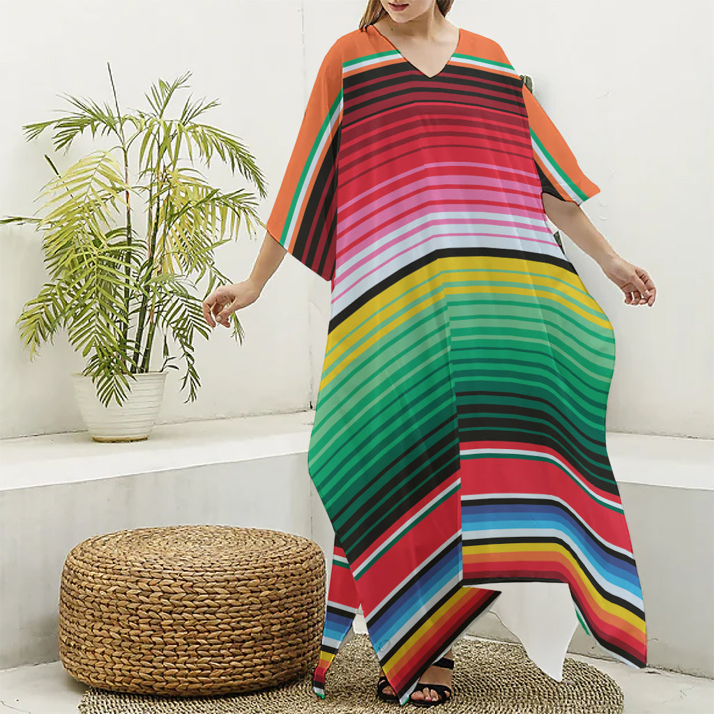 Colorful Mexican Serape Stripe Print Silk V-Neck Kaftan Dress