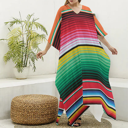 Colorful Mexican Serape Stripe Print Silk V-Neck Kaftan Dress