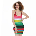 Colorful Mexican Serape Stripe Print Sleeveless Bodycon Dress