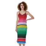 Colorful Mexican Serape Stripe Print Slim Fit Midi Cami Dress