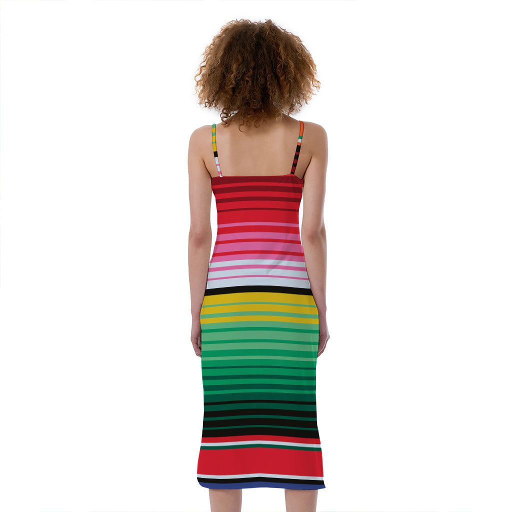 Colorful Mexican Serape Stripe Print Slim Fit Midi Cami Dress