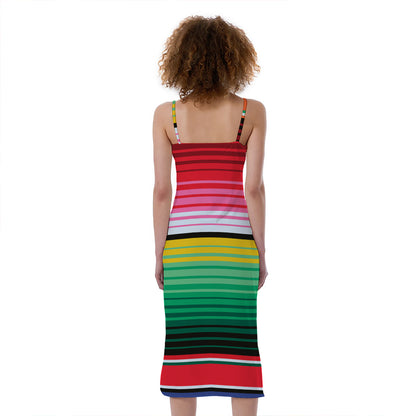 Colorful Mexican Serape Stripe Print Slim Fit Midi Cami Dress