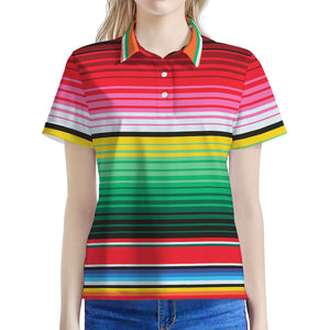 Colorful Mexican Serape Stripe Print Women's Polo Shirt