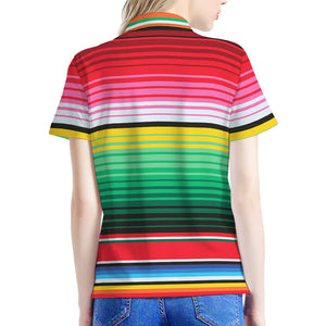 Colorful Mexican Serape Stripe Print Women's Polo Shirt