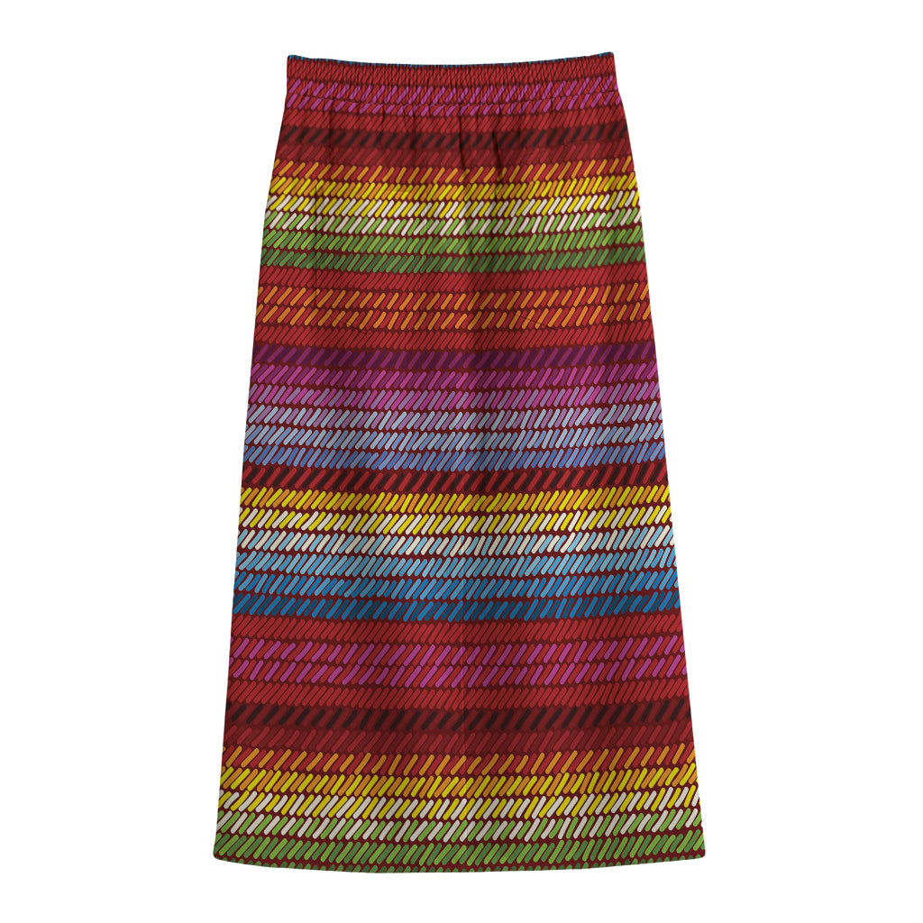 Colorful Mexican Woven Pattern Print Cotton Front Slit Maxi Skirt
