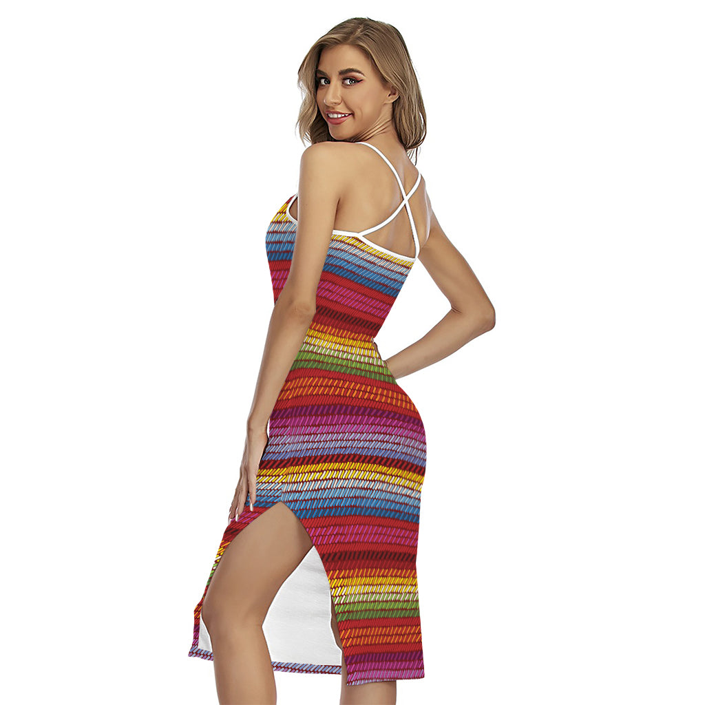 Colorful Mexican Woven Pattern Print Cross Back Cami Dress