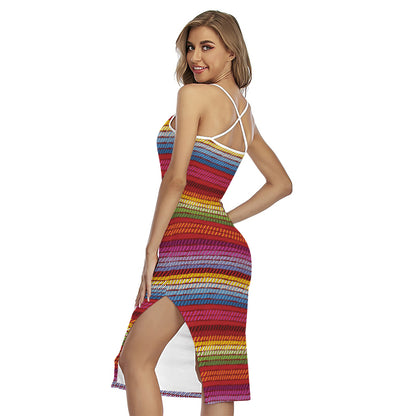Colorful Mexican Woven Pattern Print Cross Back Cami Dress