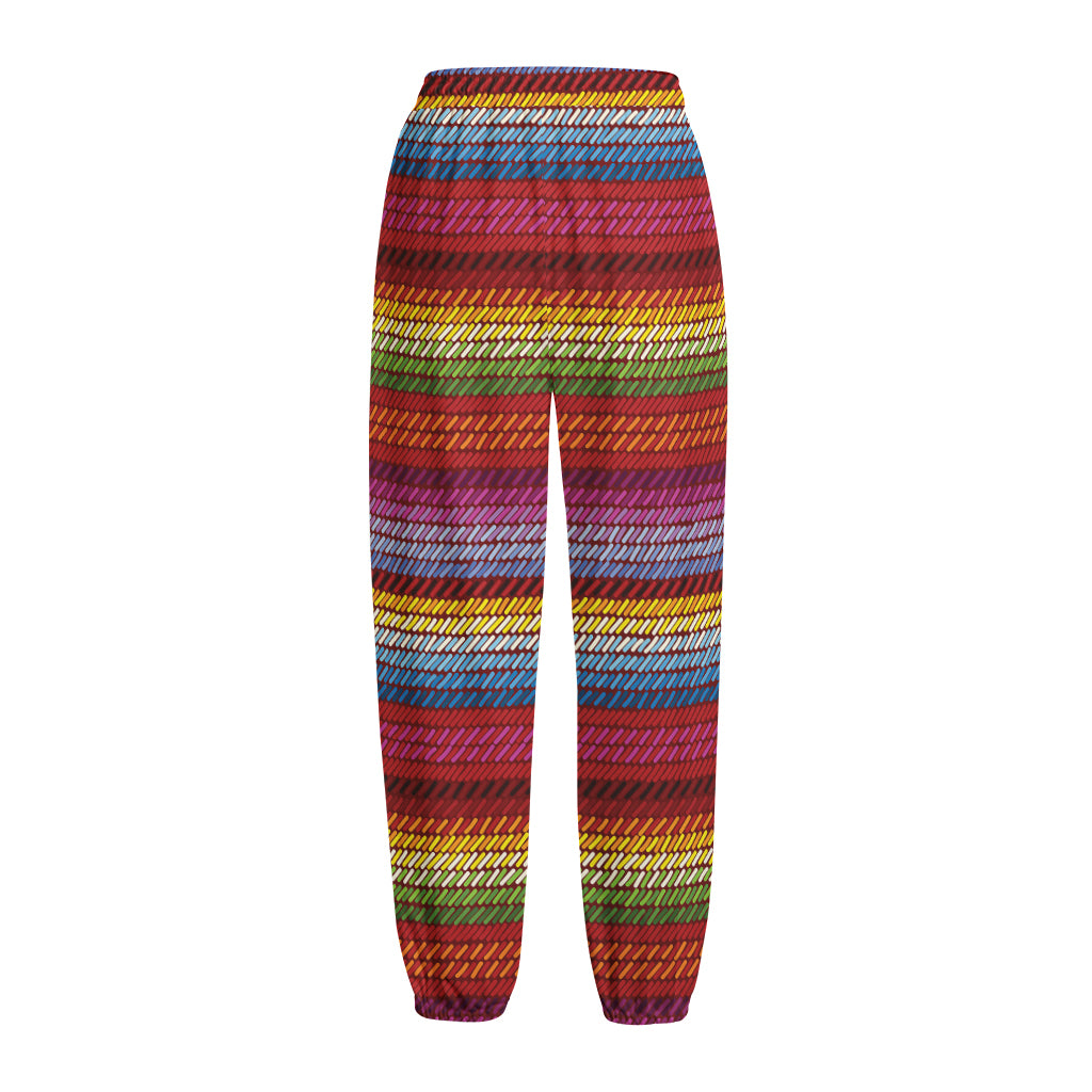 Colorful Mexican Woven Pattern Print Fleece Lined Knit Pants