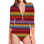Colorful Mexican Woven Pattern Print Long Sleeve Swimsuit