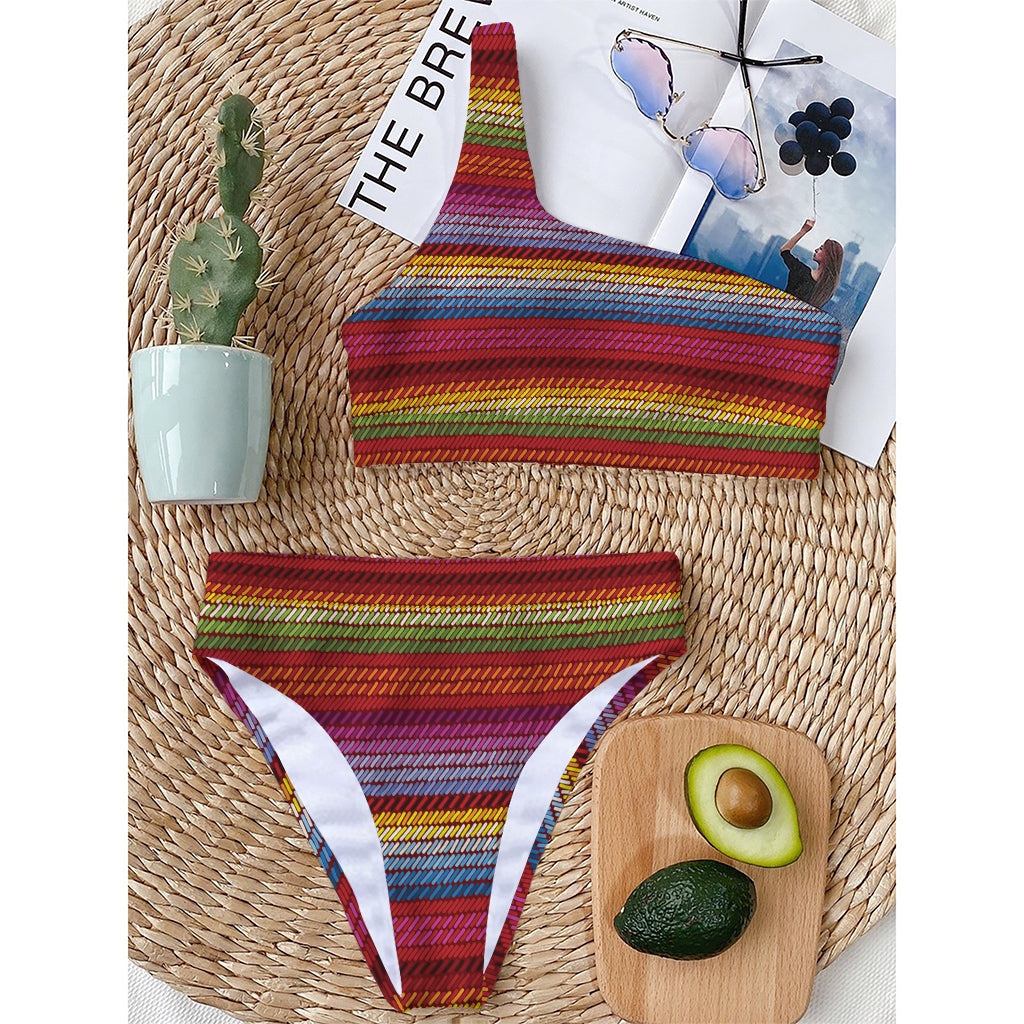 Colorful Mexican Woven Pattern Print One Shoulder Bikini Top