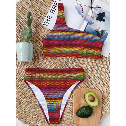 Colorful Mexican Woven Pattern Print One Shoulder Bikini Top