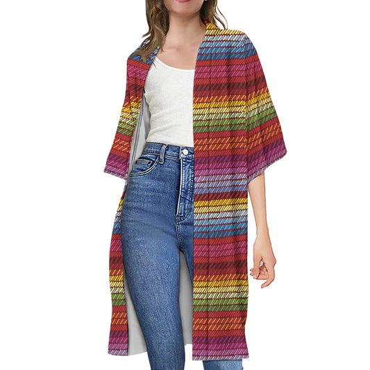 Colorful Mexican Woven Pattern Print Open Front Beach Cover Up
