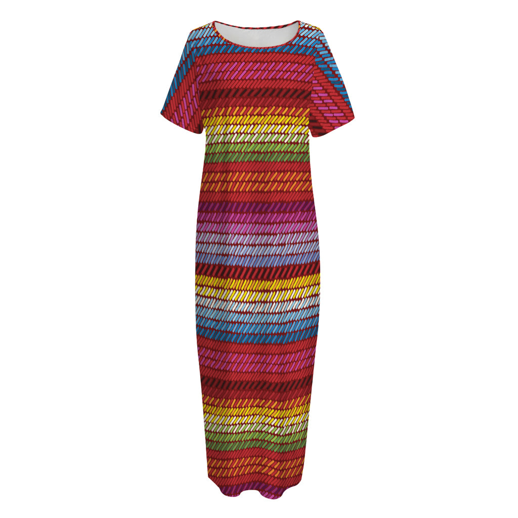 Colorful Mexican Woven Pattern Print Short Sleeve Long Nightdress
